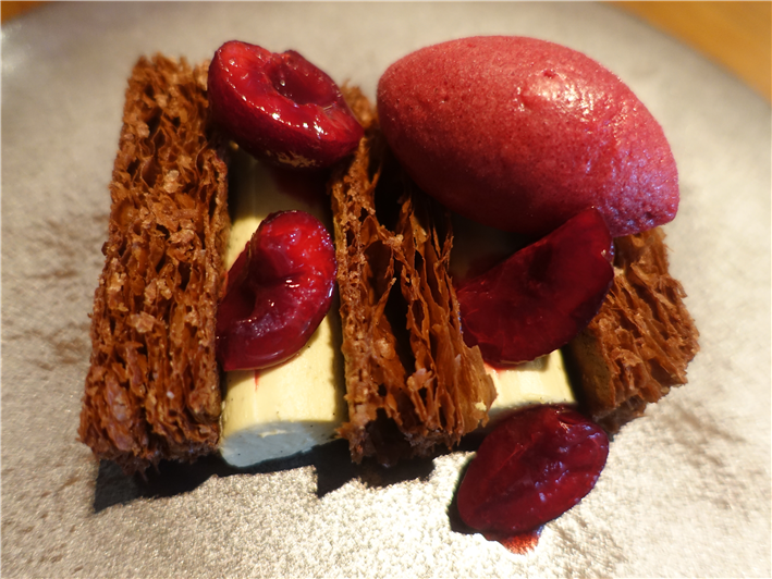 chocolate millefeuille and cherries