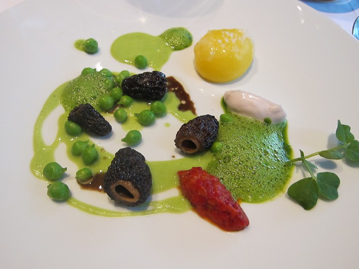 morels, peas and egg